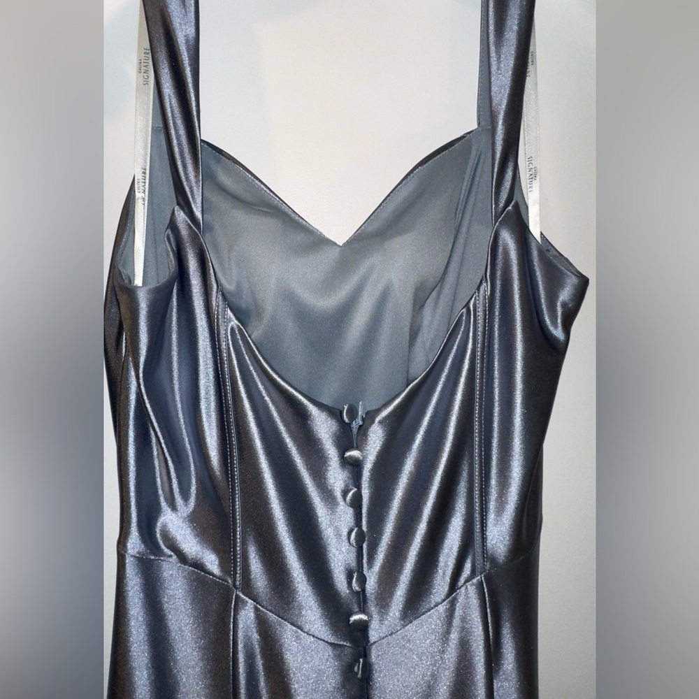 David’s Bridal Galina Signature Dusty Blue Sculpting Satin Tank Dress Size 8 - Picture 8 of 16